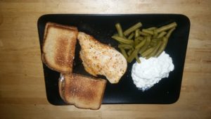 Dinner on new rectangular plate from Ikea.